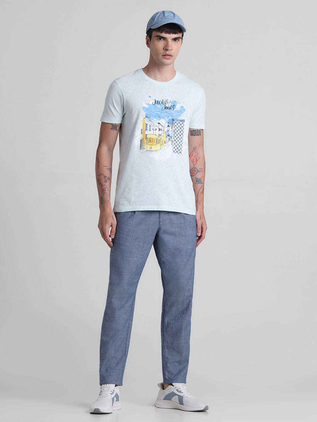 Blue Mid Rise Cotton Pants