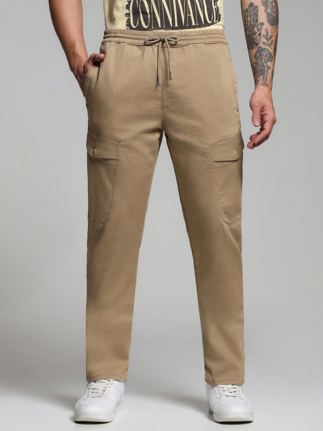 Beige Mid Rise Slim Fit Pants