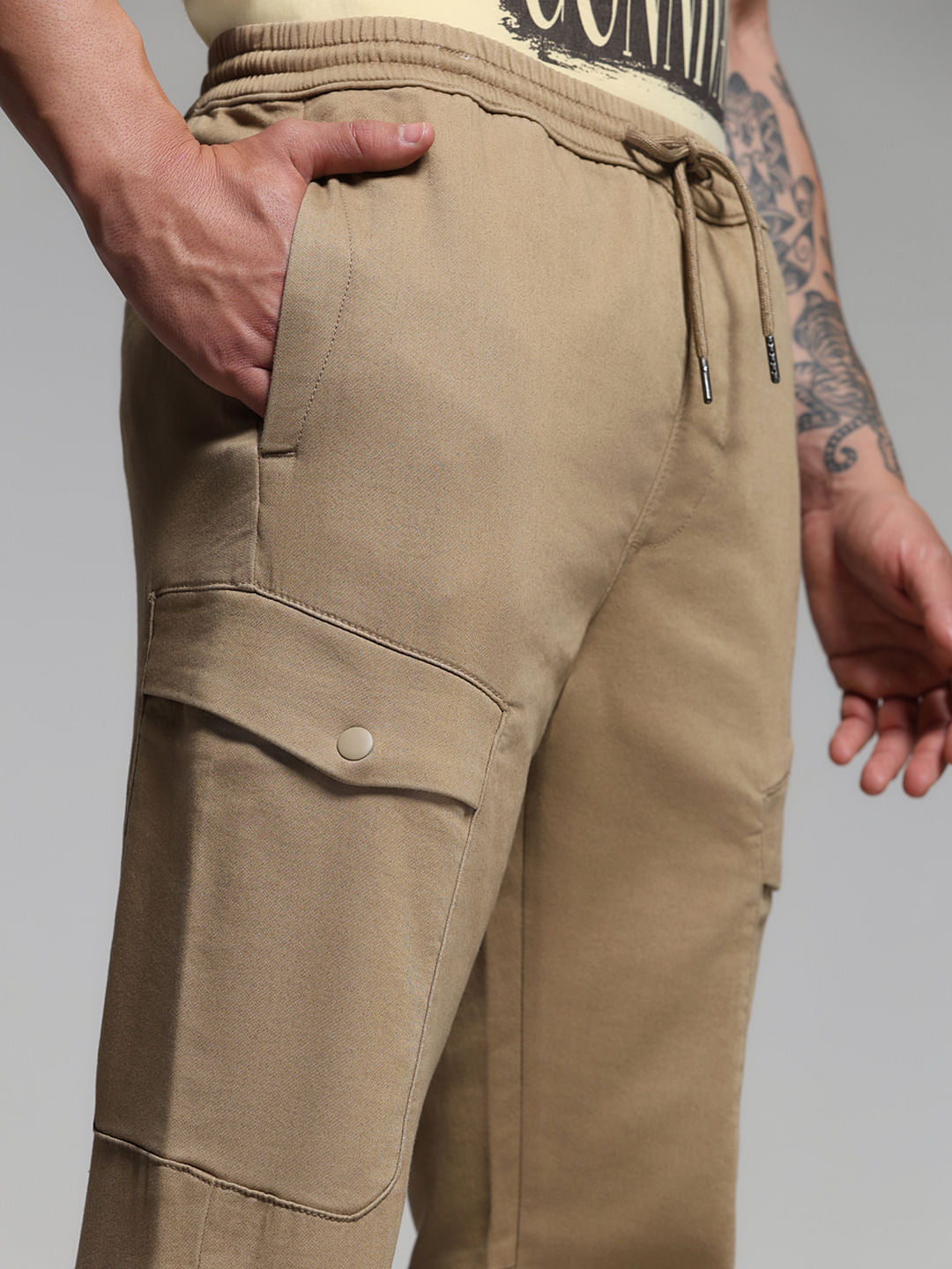 Beige Mid Rise Slim Fit Pants