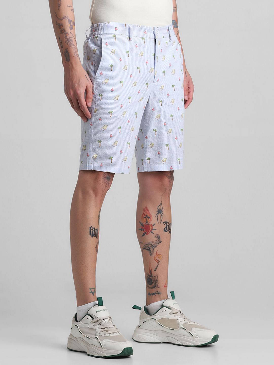 Blue Mid Rise Seersucker Shorts