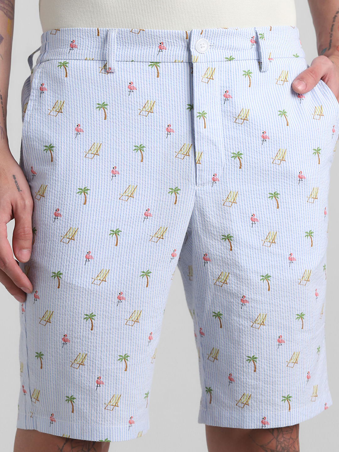 Blue Mid Rise Seersucker Shorts