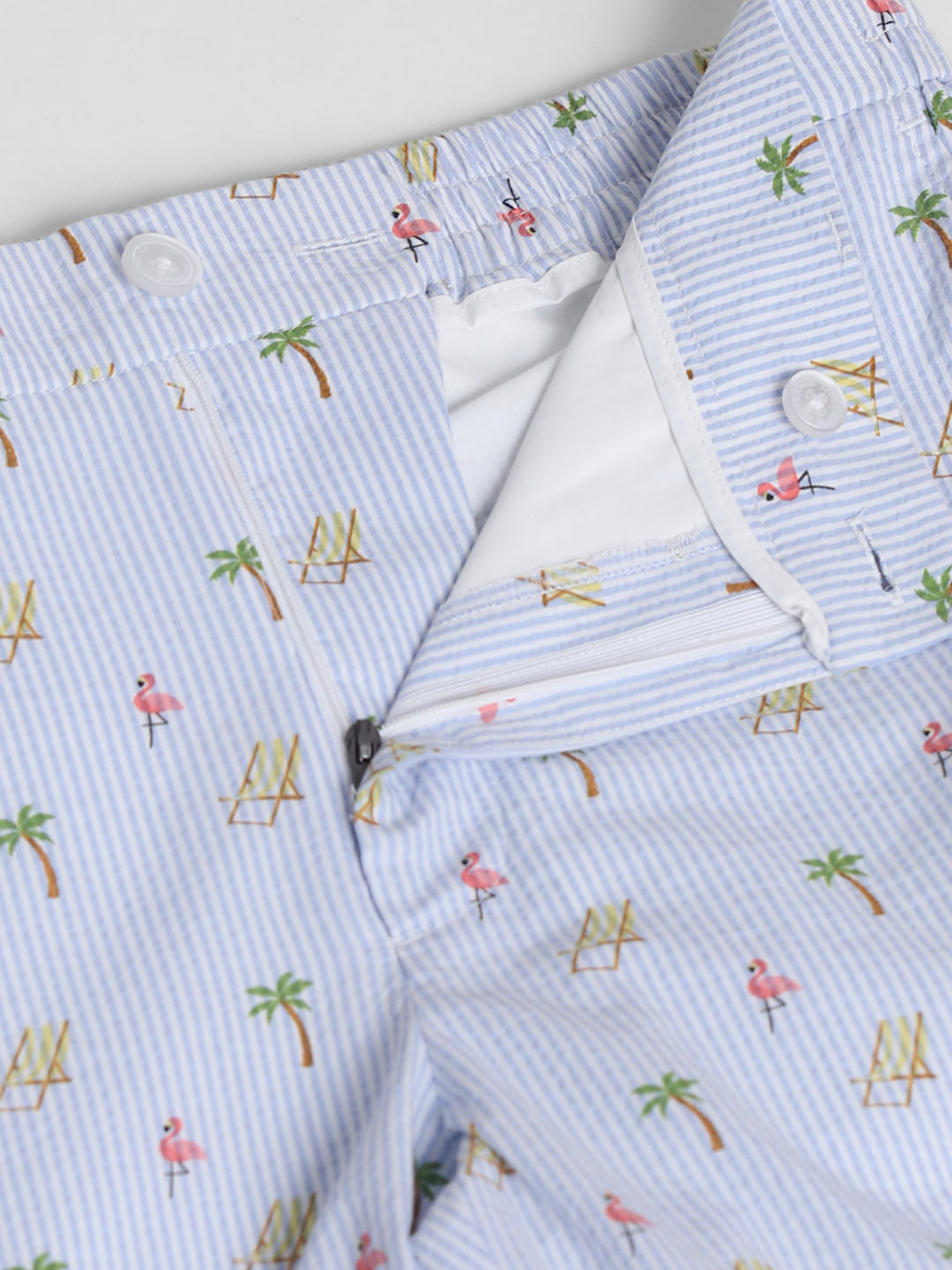 Blue Mid Rise Seersucker Shorts