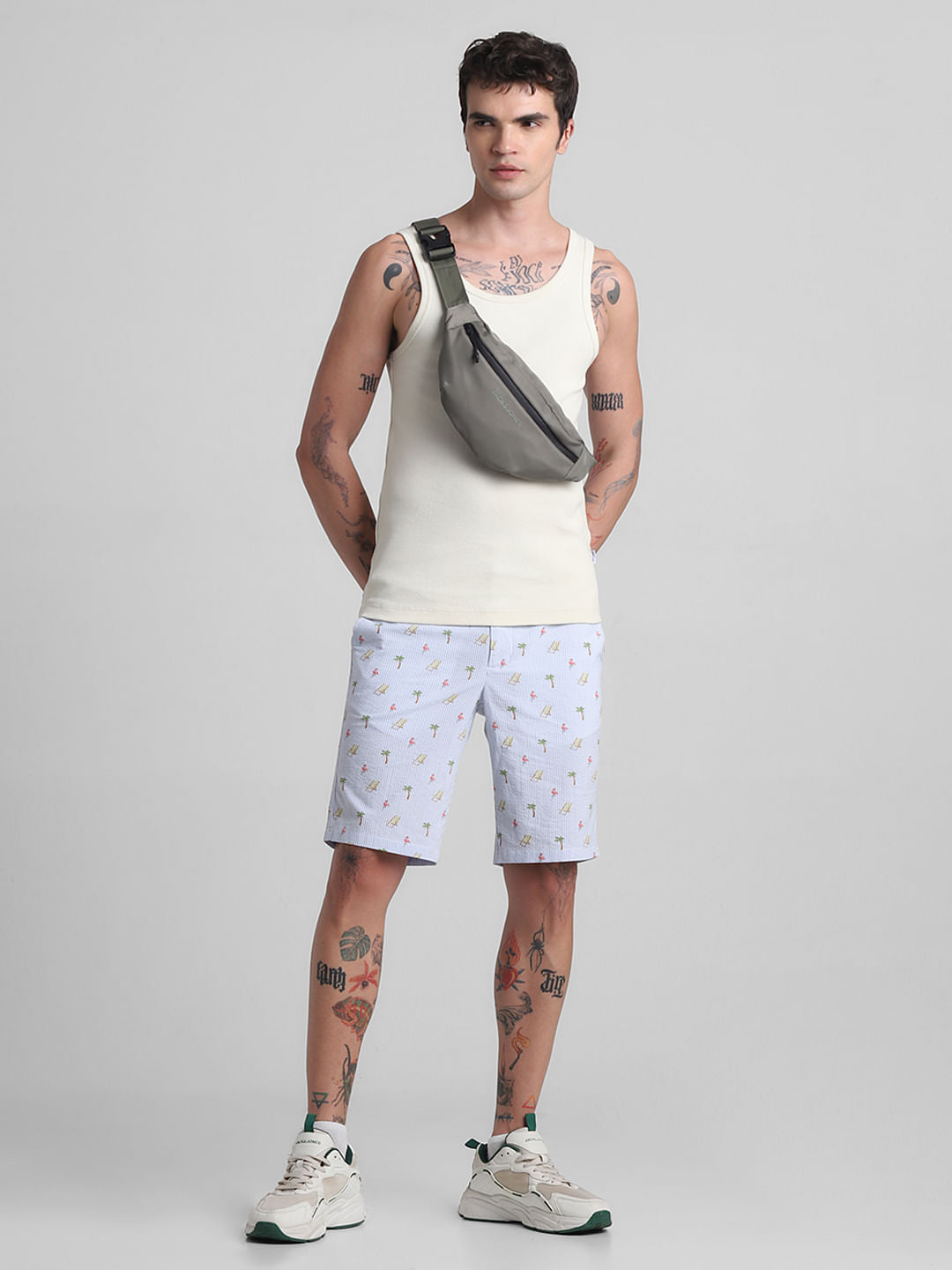 Blue Mid Rise Seersucker Shorts