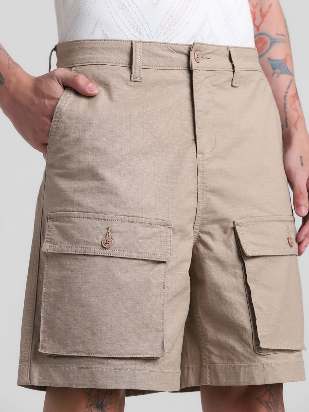 Khaki Low Rise Slim Fit Cargo Shorts