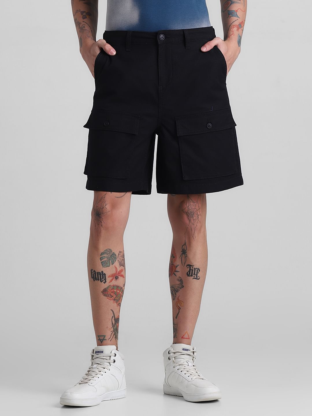 Black Low Rise Slim Fit Cargo Shorts