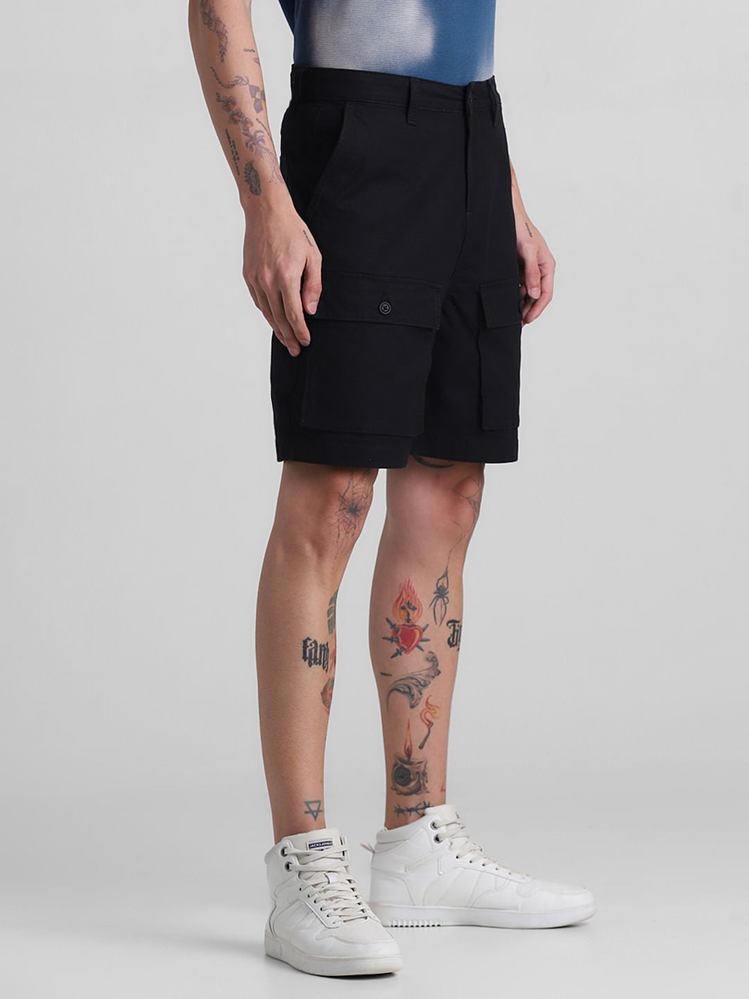 Black Low Rise Slim Fit Cargo Shorts