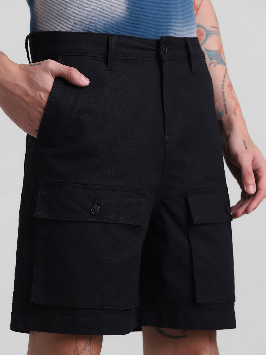 Black Low Rise Slim Fit Cargo Shorts