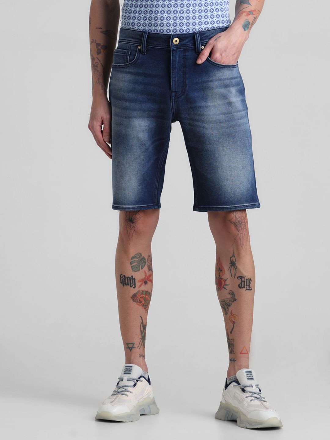 Blue Low Rise Washed Denim Shorts