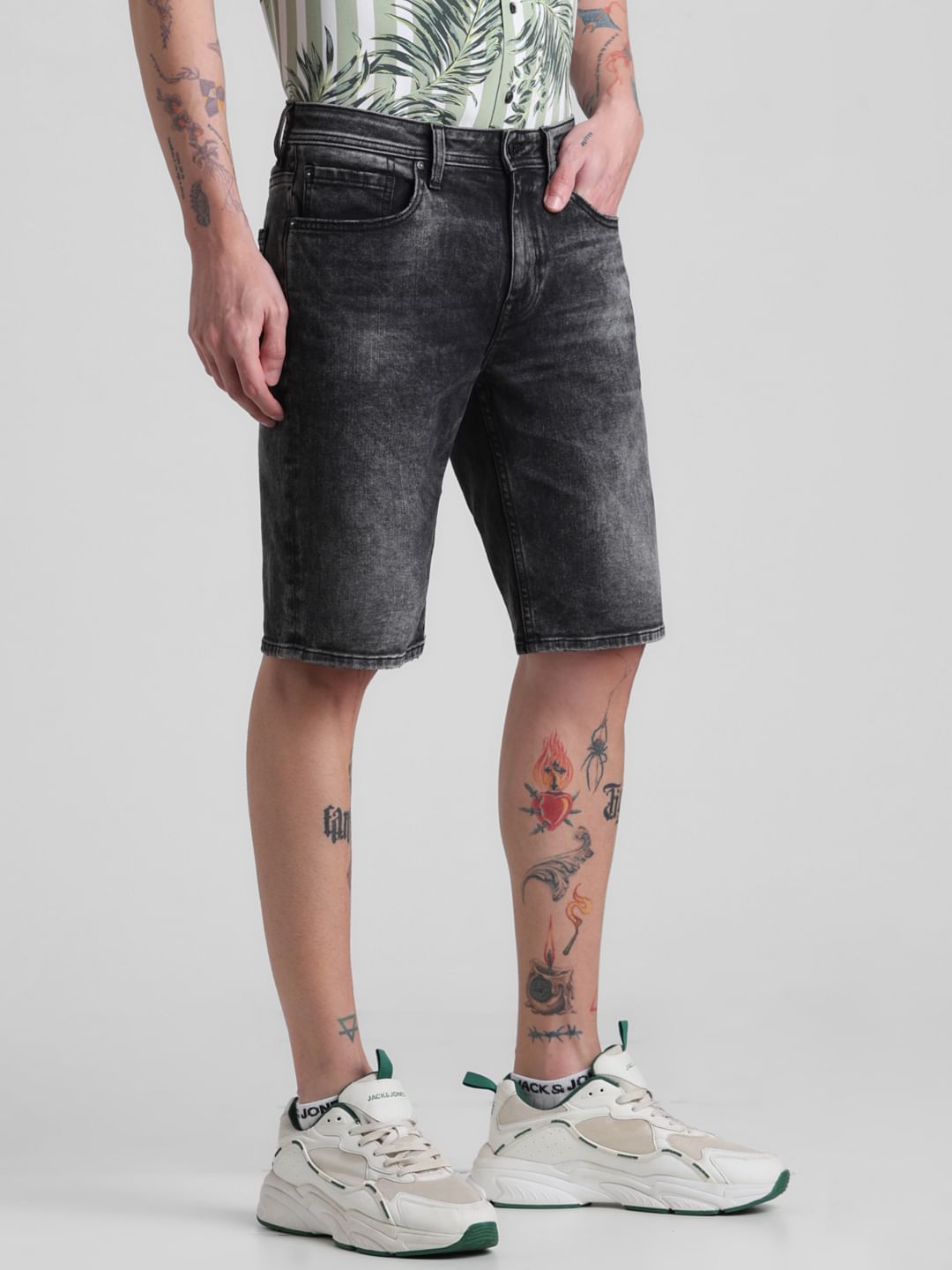 Black Low Rise Washed Denim Shorts