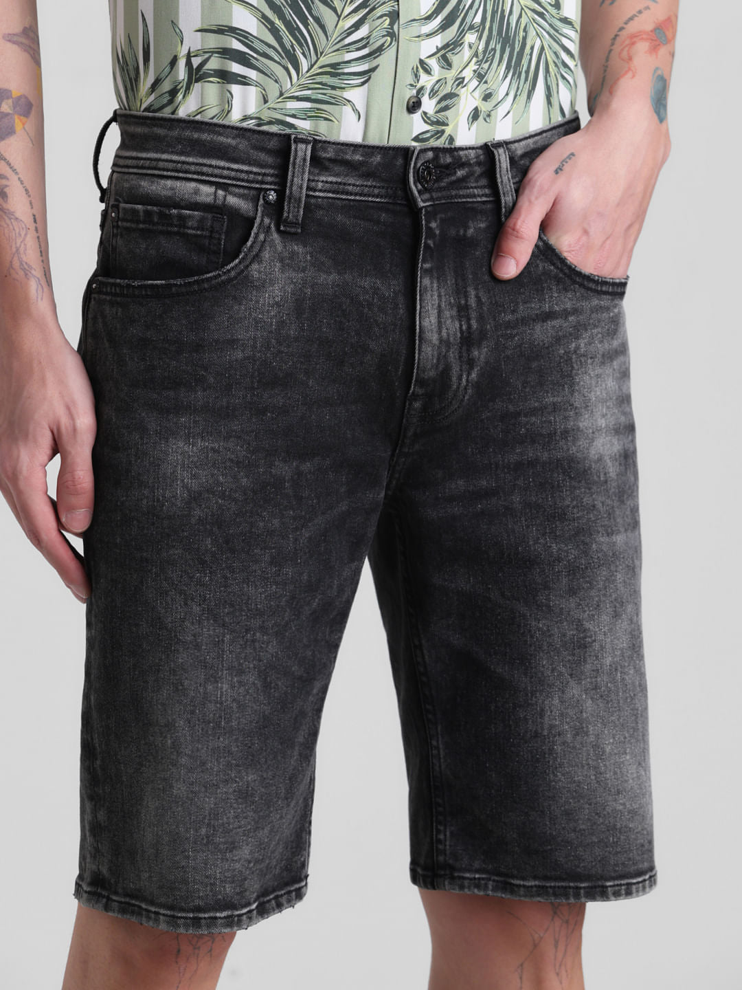 Black Low Rise Washed Denim Shorts