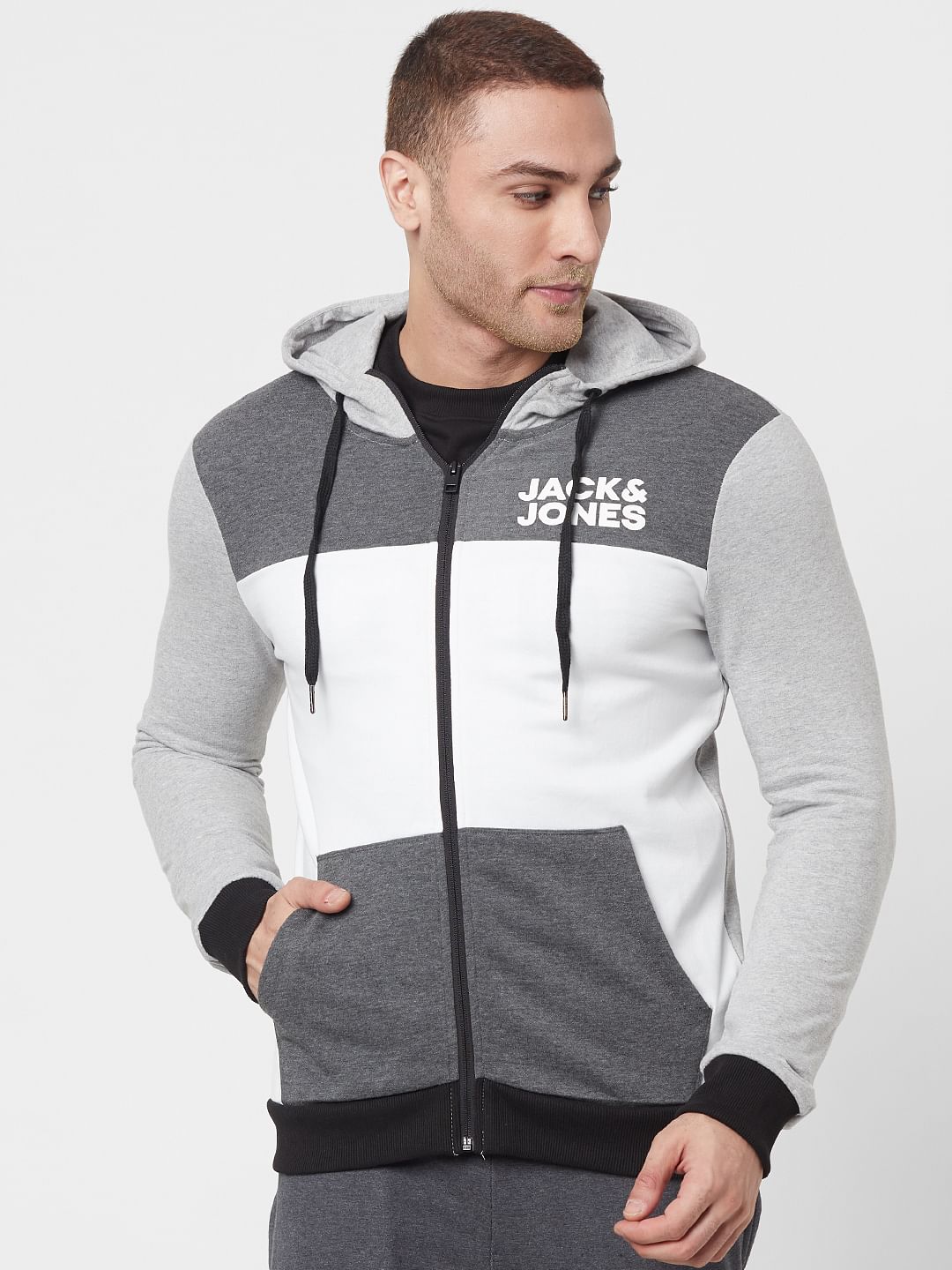 Grey Colourblocked Hooded Sweatshirt