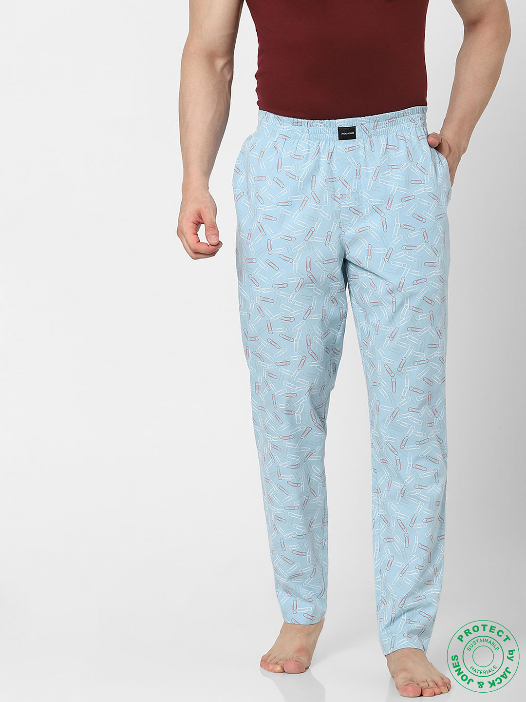 Blue Mid Rise Paper Clip Print Pyjamas
