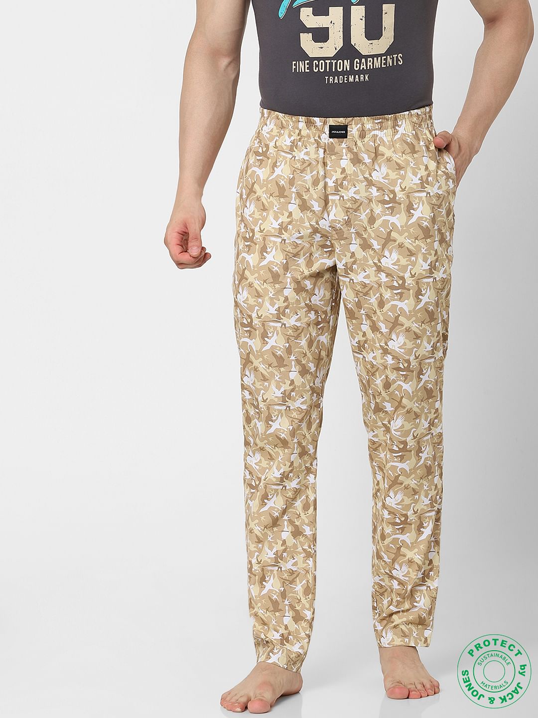 Beige Mid Rise Bird Print Pyjamas