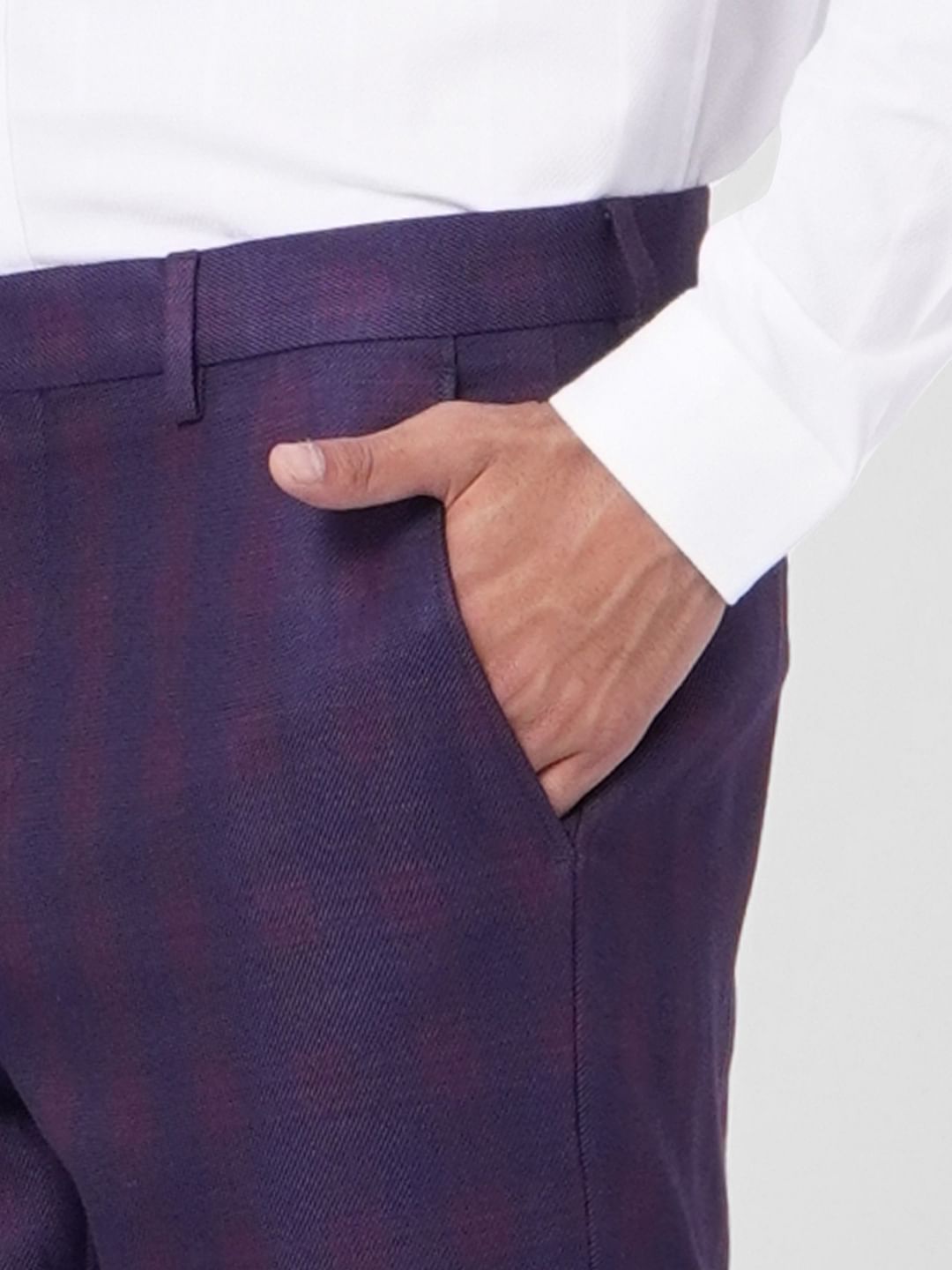 Purple Mid Rise Check Linen Trousers