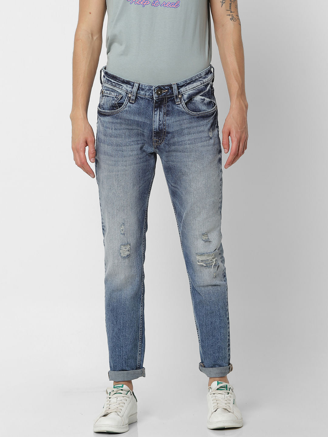 Blue Low Rise Glenn Distressed Slim Fit Jeans