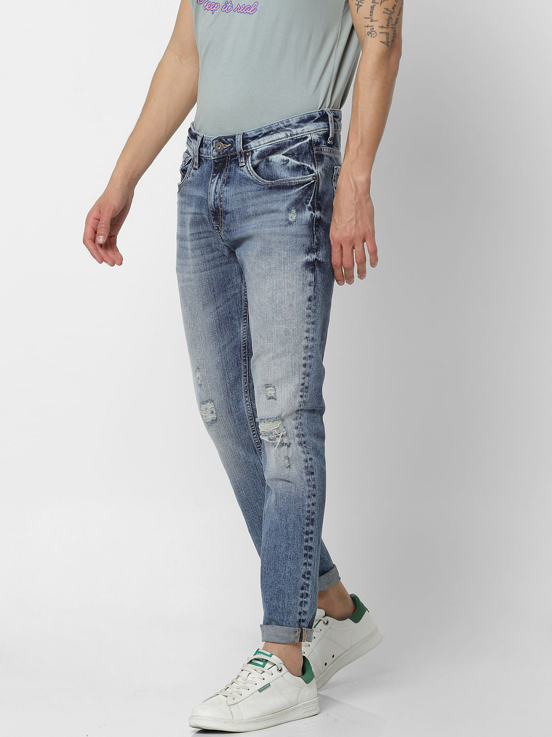 Blue Low Rise Glenn Distressed Slim Fit Jeans