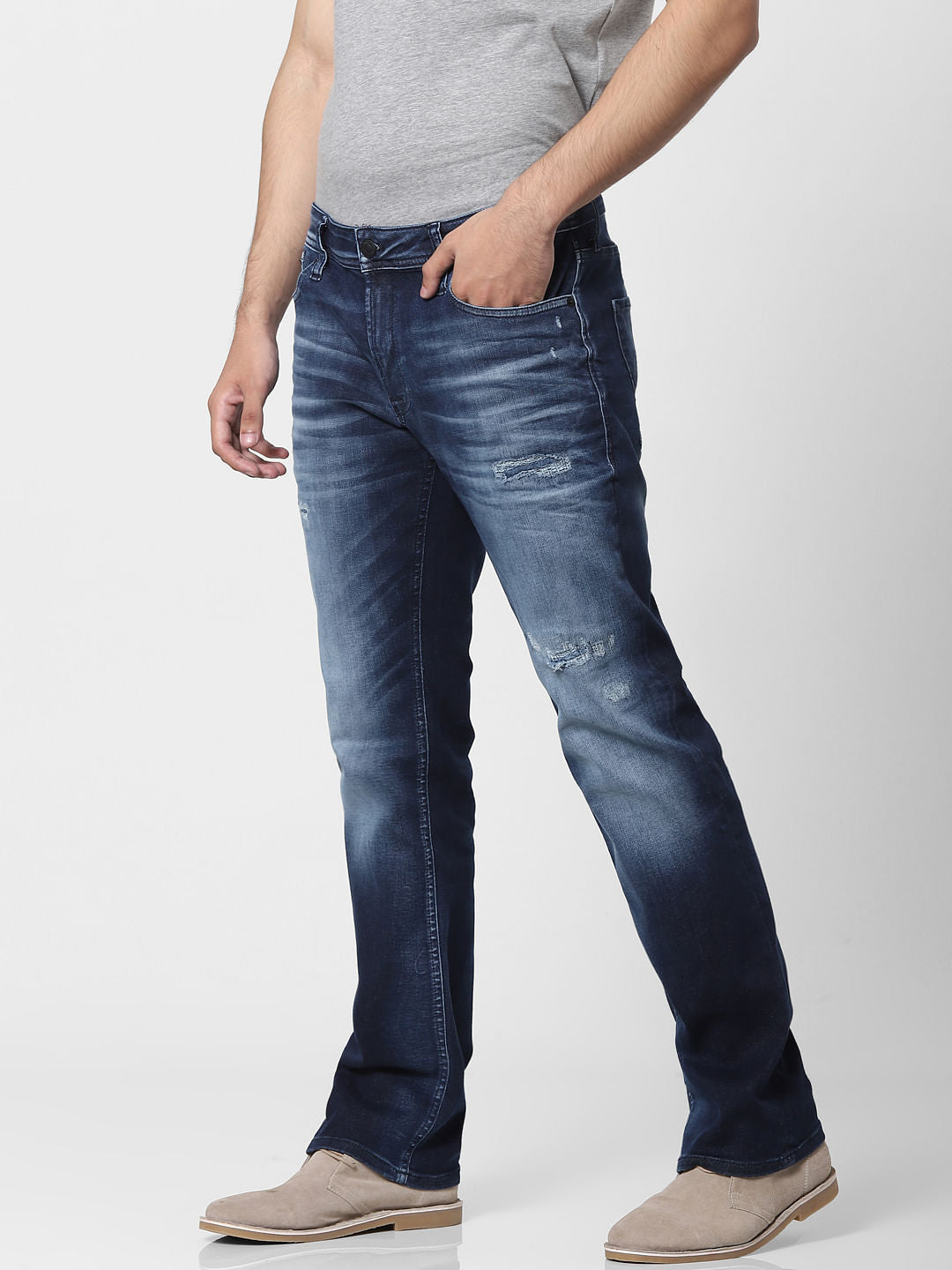 Blue Mid Rise Clark Regular Fit Ripped Jeans