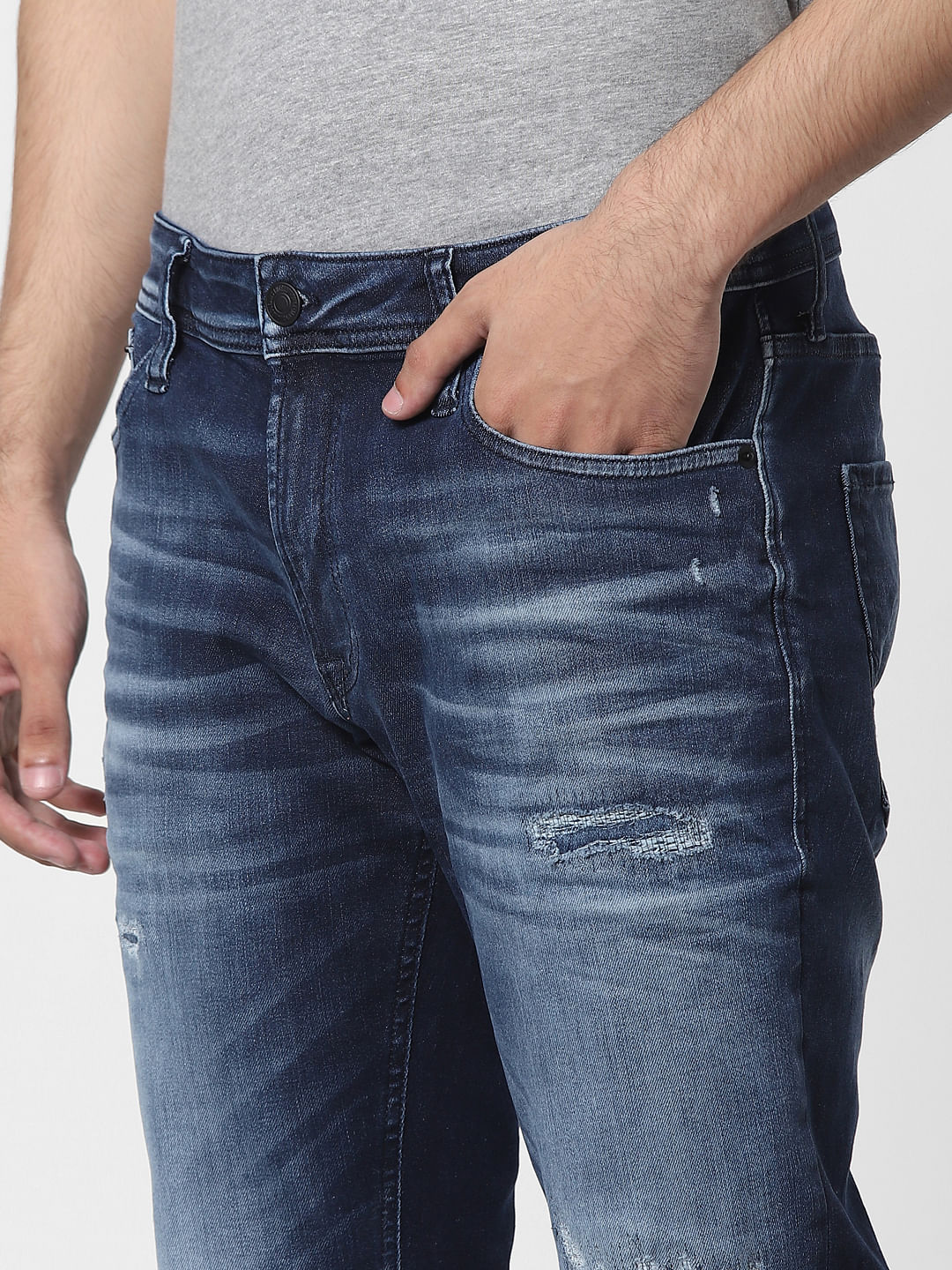 Blue Mid Rise Clark Regular Fit Ripped Jeans