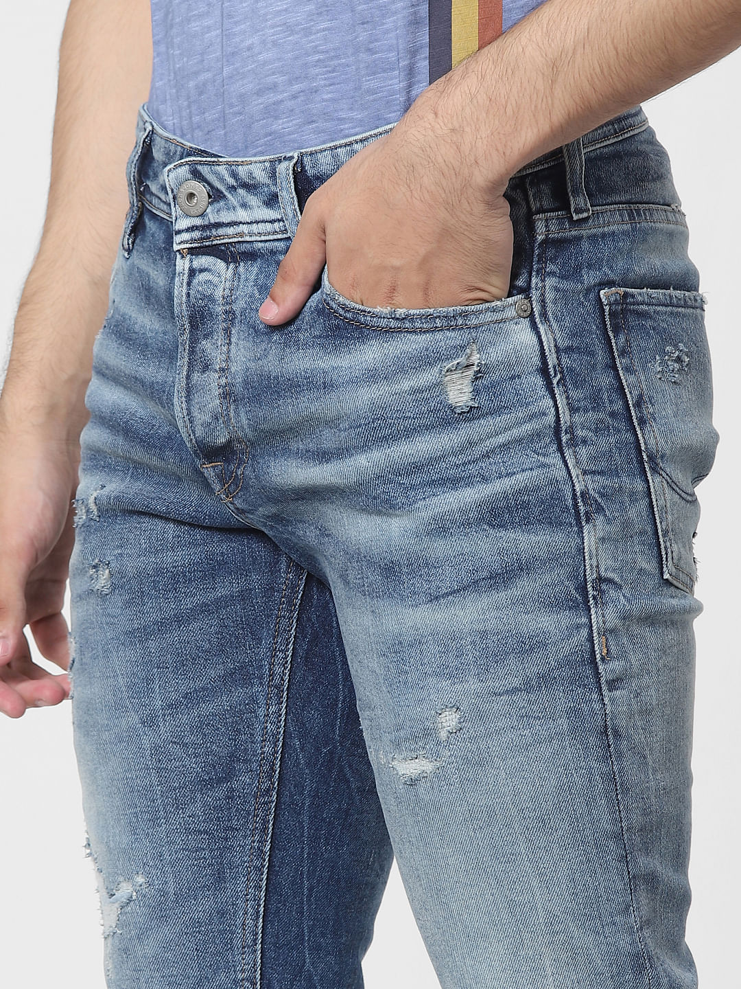 Blue Low Rise Glenn Ripped Slim Jeans