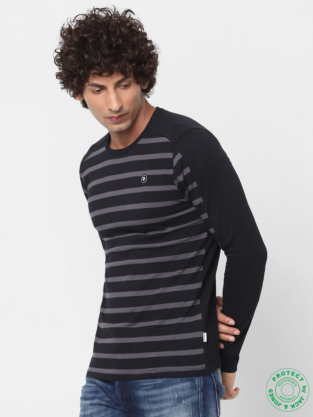Black Crew Neck Full Sleeves Striped T-shirt