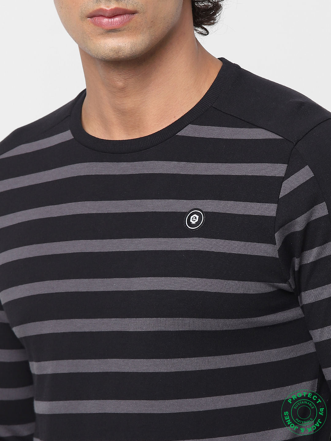 Black Crew Neck Full Sleeves Striped T-shirt
