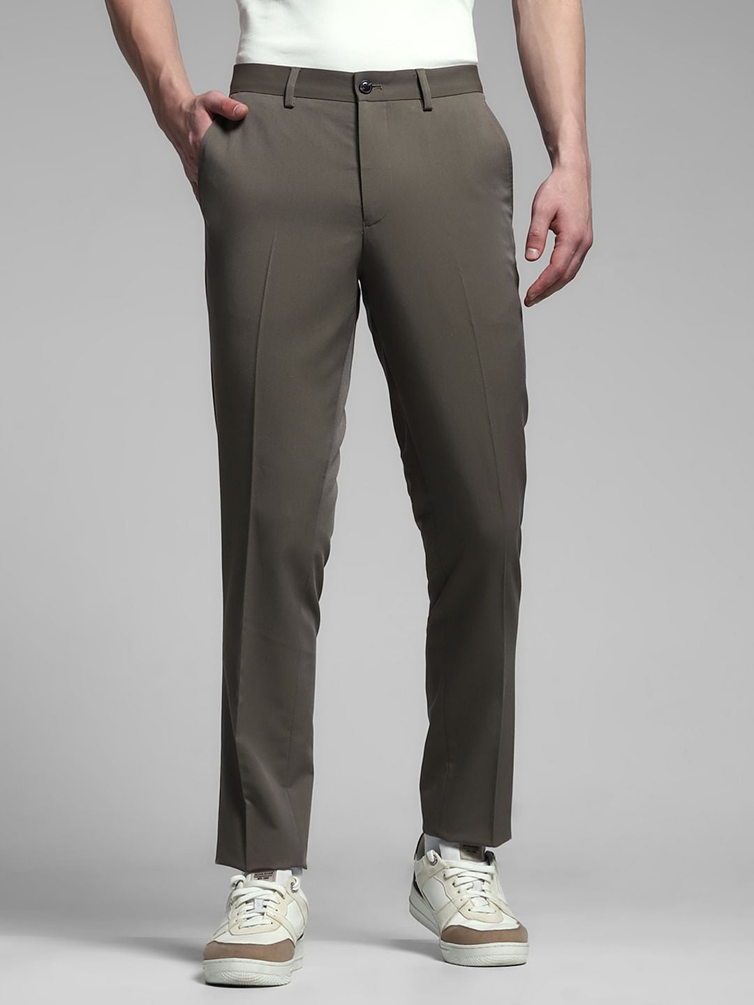 Grey Mid Rise Slim Fit Trousers