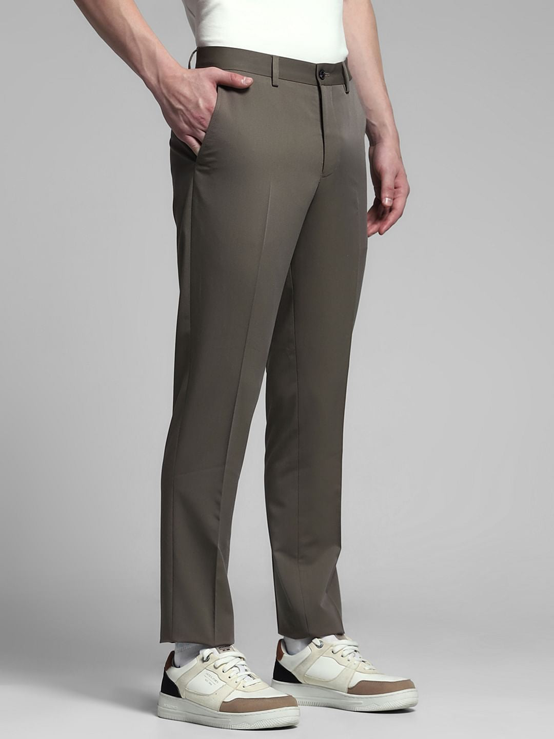 Grey Mid Rise Slim Fit Trousers
