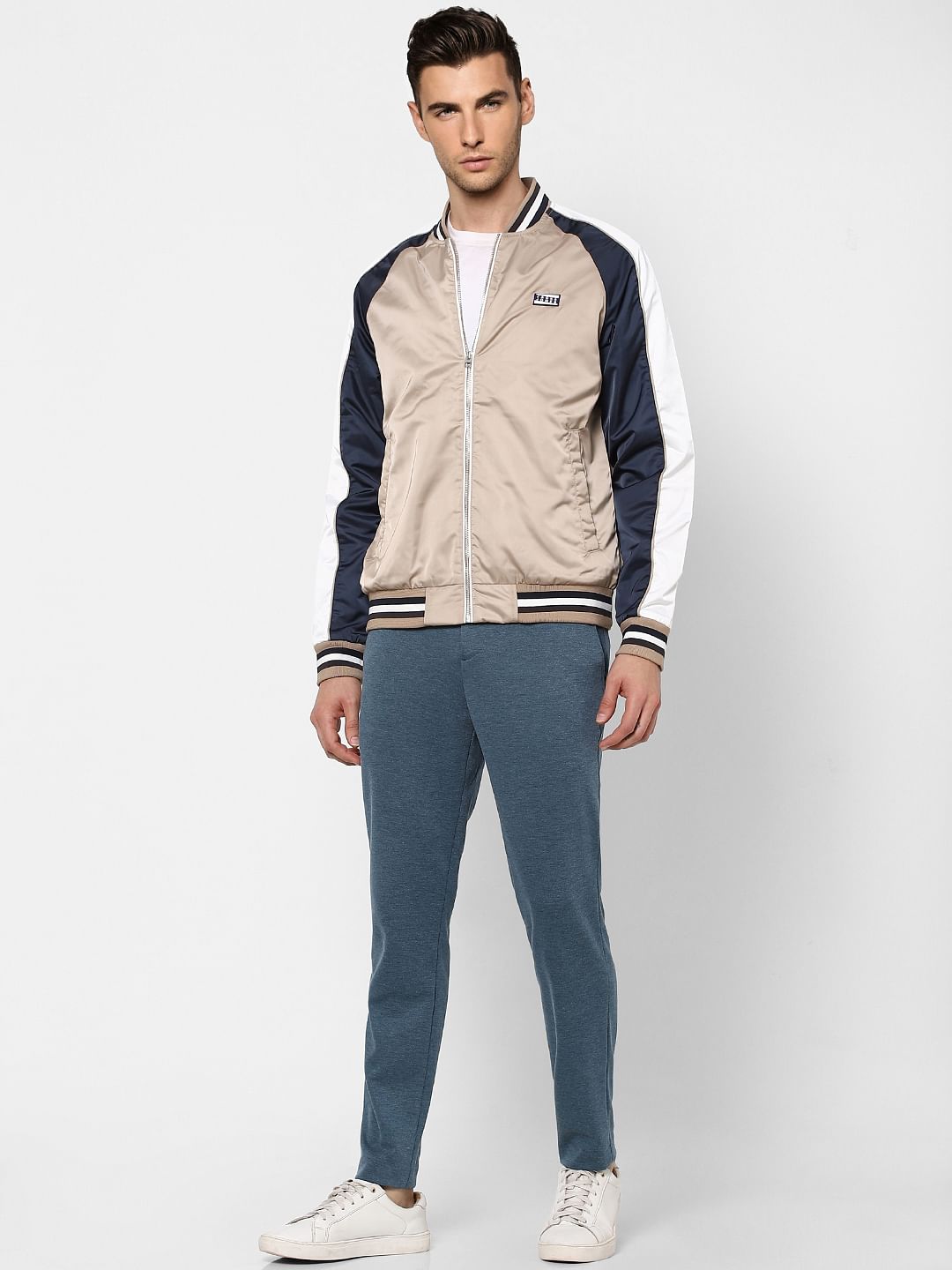 Beige Zip Up Bomber Jacket