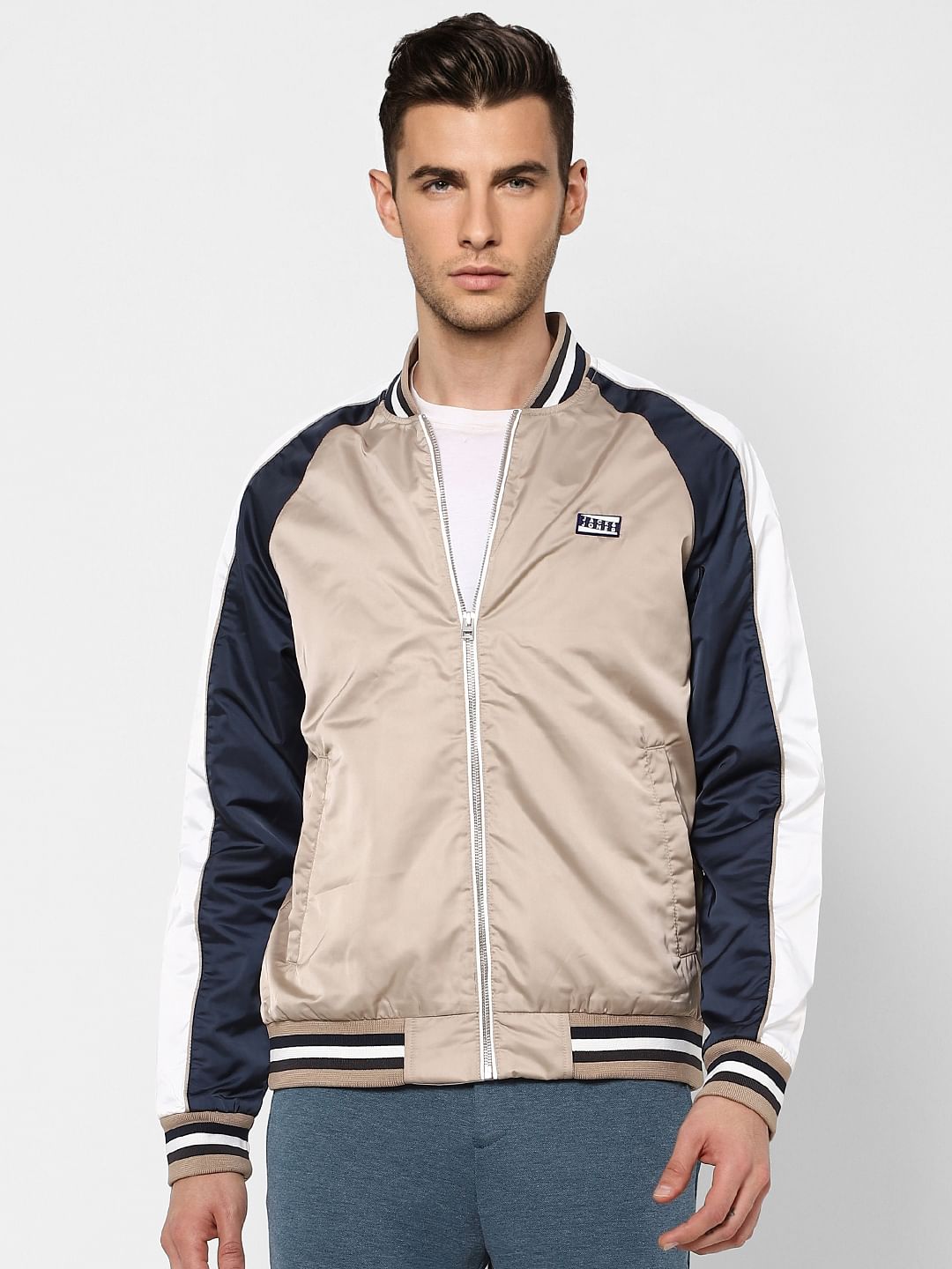 Beige Zip Up Bomber Jacket