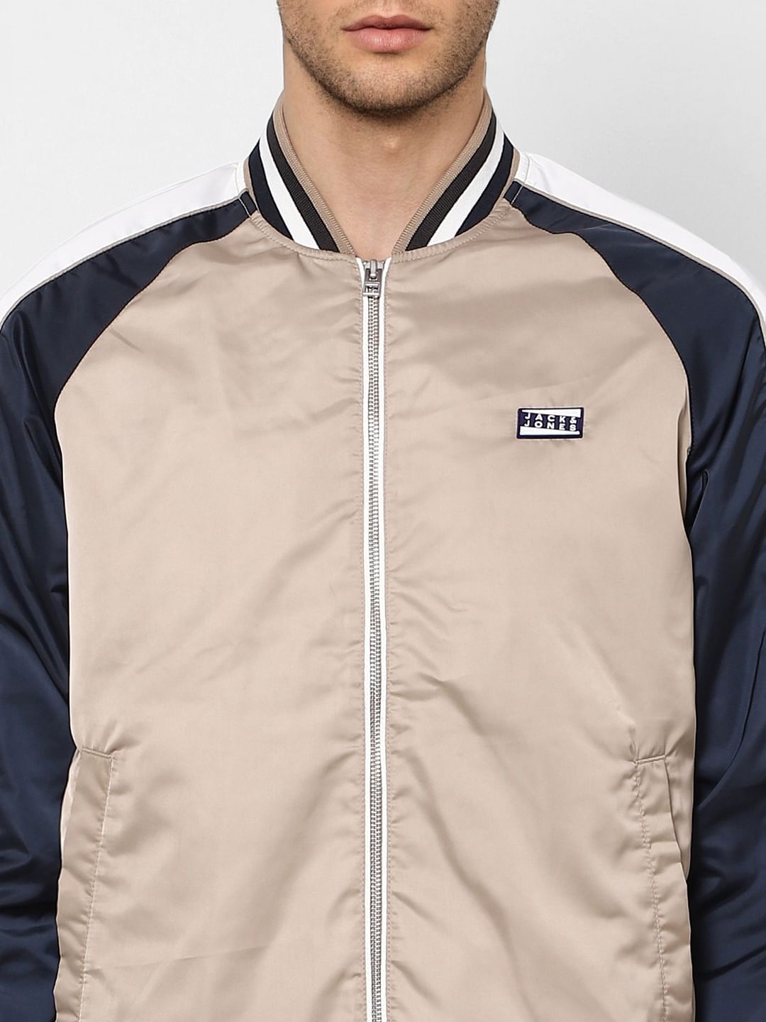 Beige Zip Up Bomber Jacket