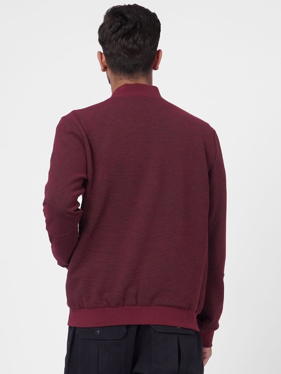 Red Textured Knit Bomber Jacket