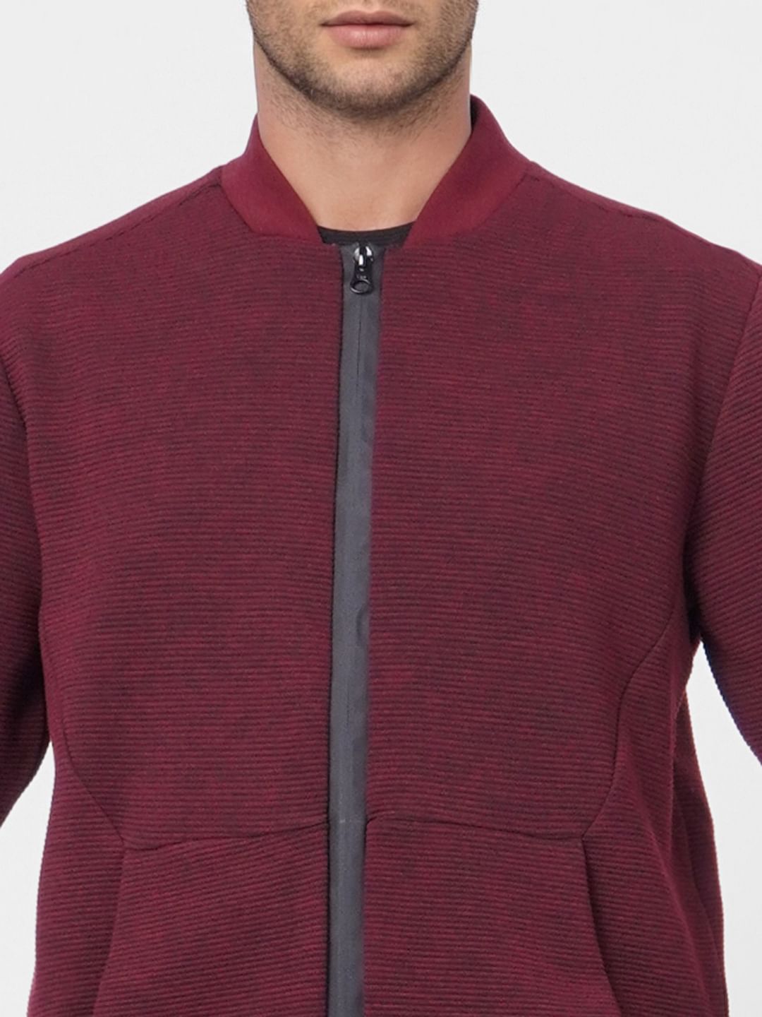 Red Textured Knit Bomber Jacket