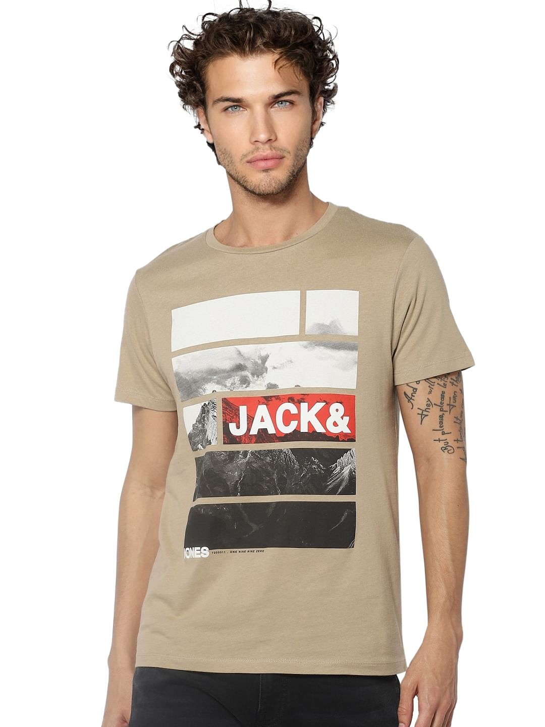Beige Graphic Print Crew Neck T-shirt