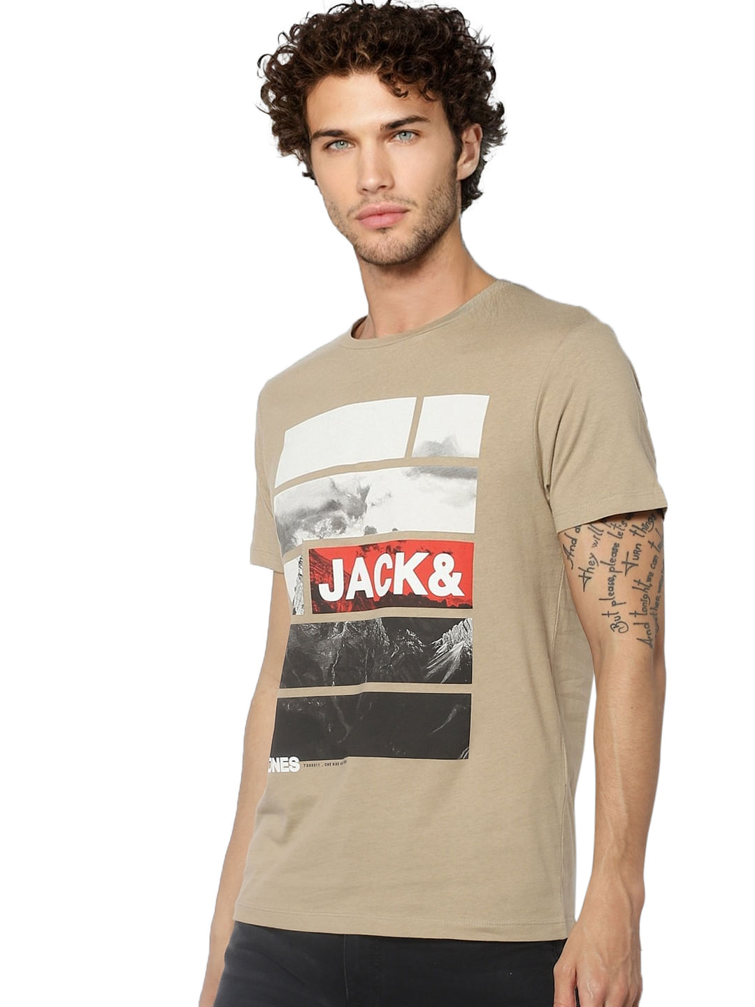 Beige Graphic Print Crew Neck T-shirt