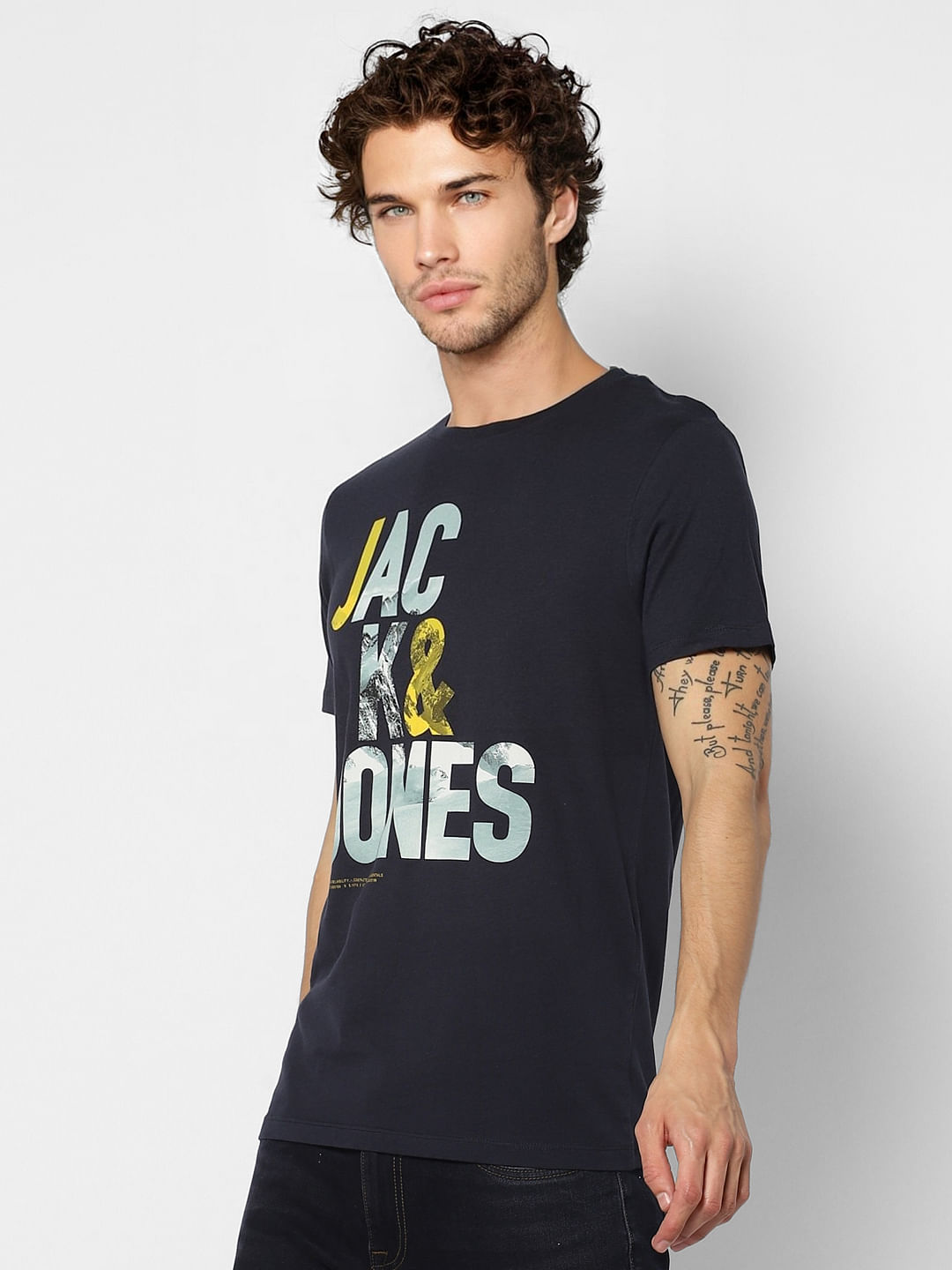 Dark Blue Logo Print Crew Neck T-shirt