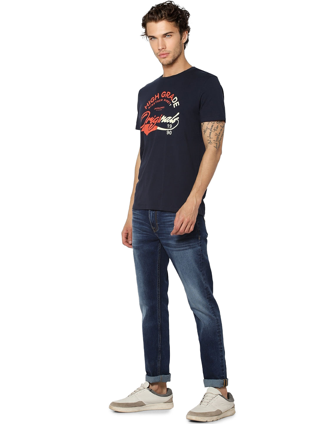 Navy Blue Logo Print Crew Neck T-shirt