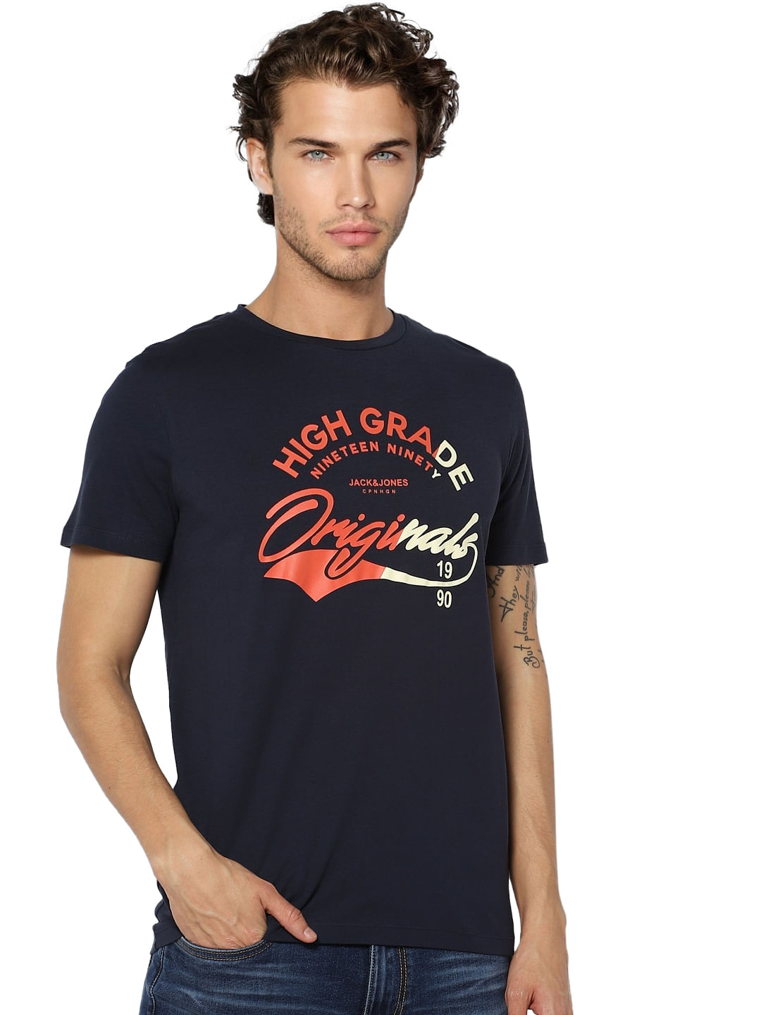 Navy Blue Logo Print Crew Neck T-shirt