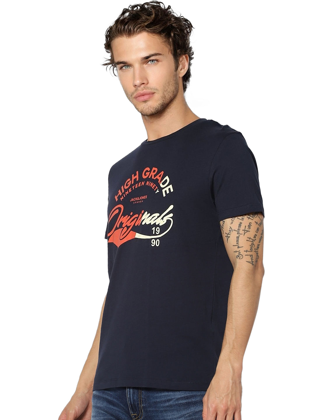 Navy Blue Logo Print Crew Neck T-shirt
