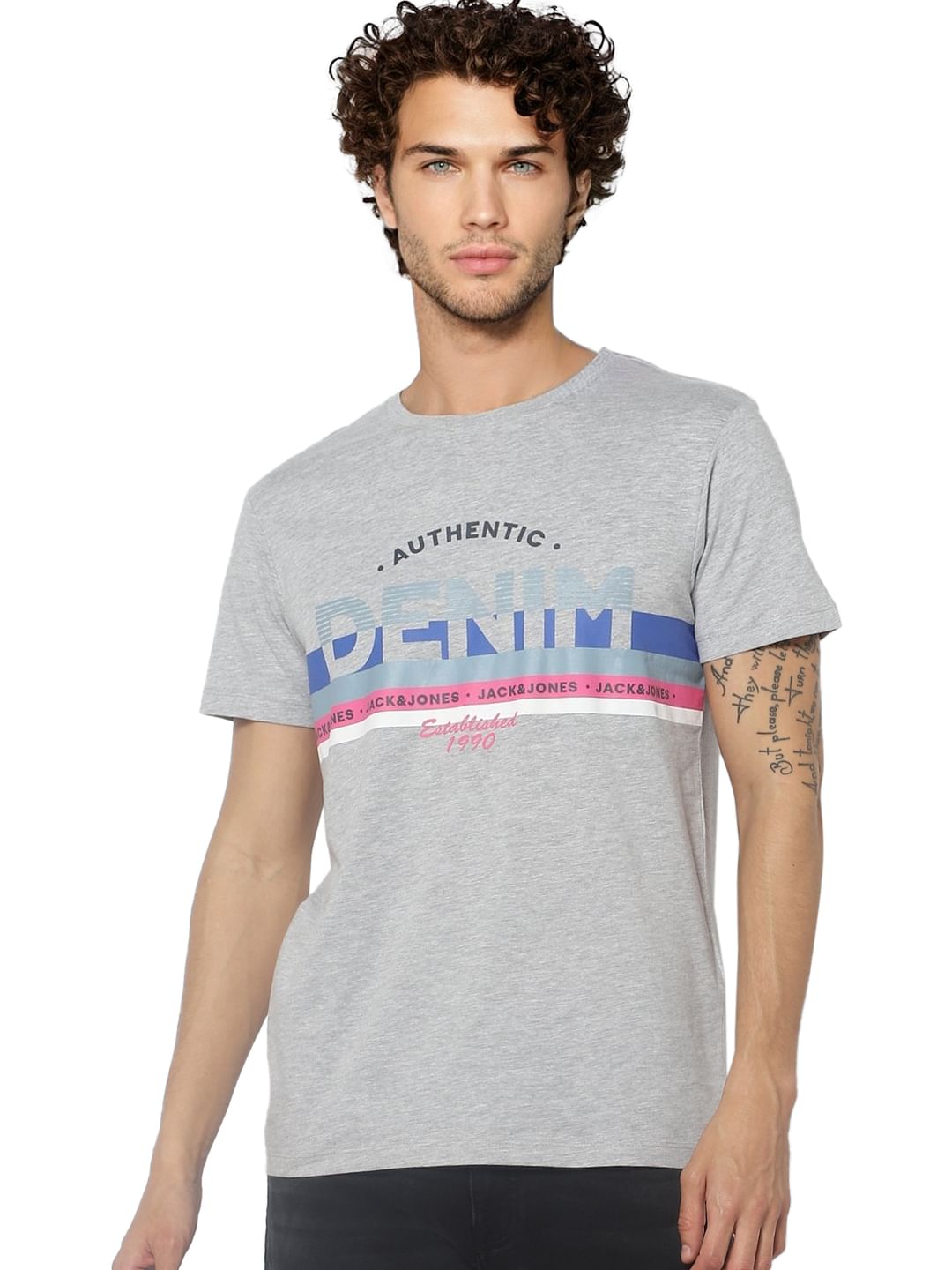 Grey Logo Print Crew Neck T-shirt