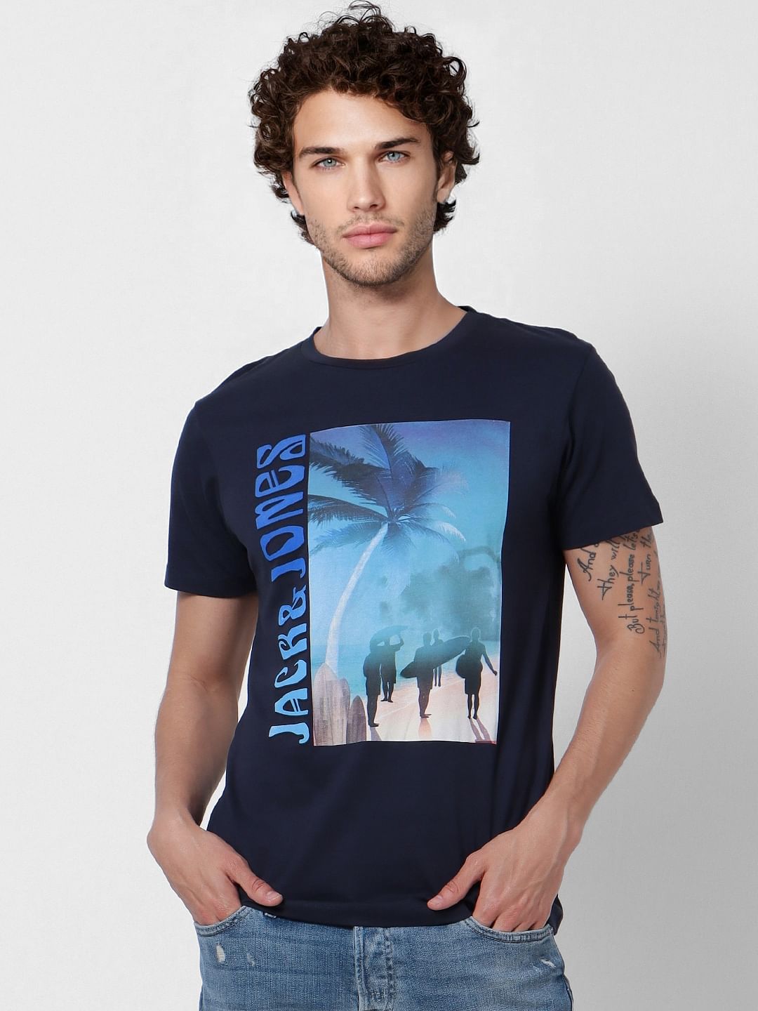 Navy Blue Palm Tree Graphic Crew Neck T-Shirt