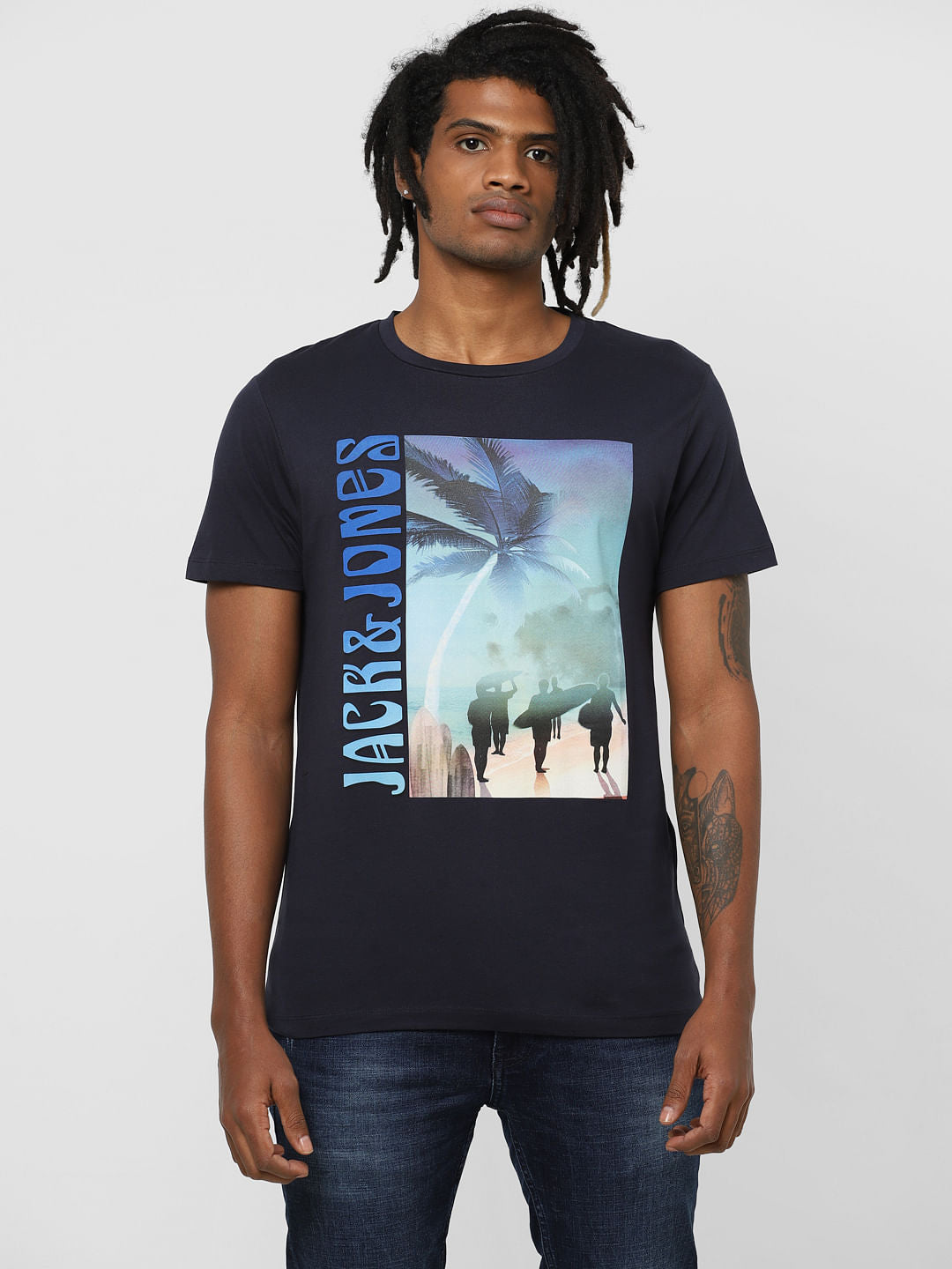 Navy Blue Palm Tree Graphic Crew Neck T-Shirt