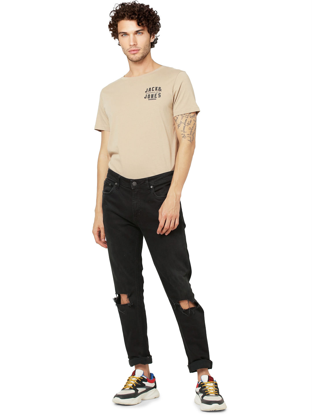 Beige Logo Print Crew Neck T-shirt