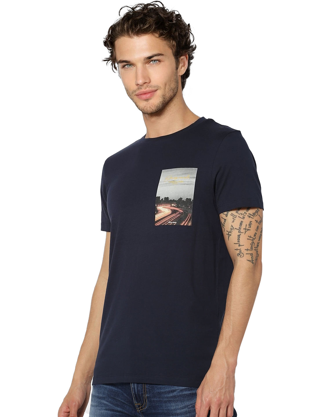 Navy Blue Graphic Print Crew Neck T-shirt