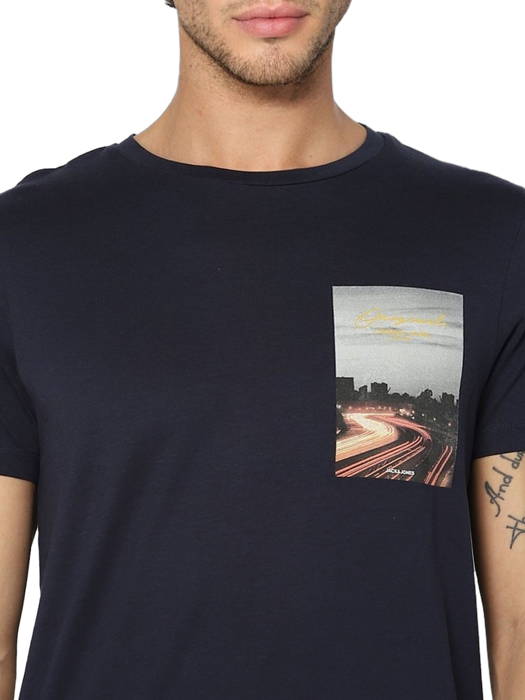 Navy Blue Graphic Print Crew Neck T-shirt