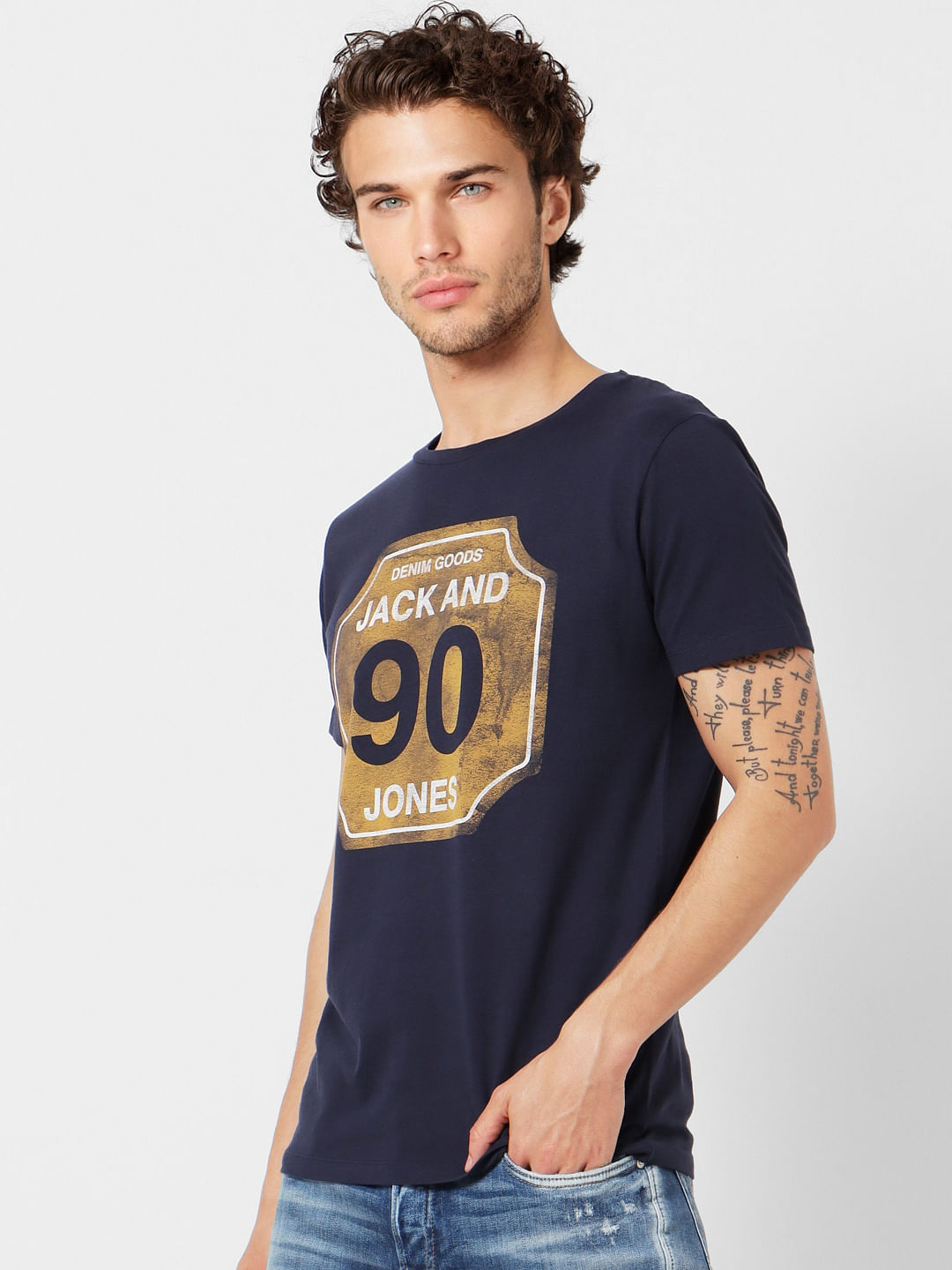 Navy Blue Logo Print Crew Neck T-shirt
