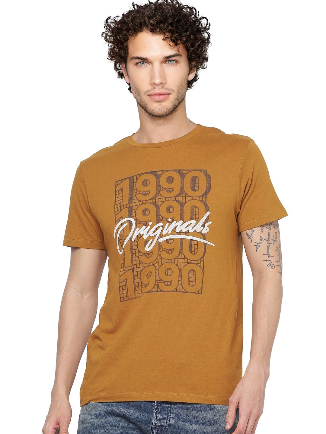 Brown Text Print Crew Neck T-shirt