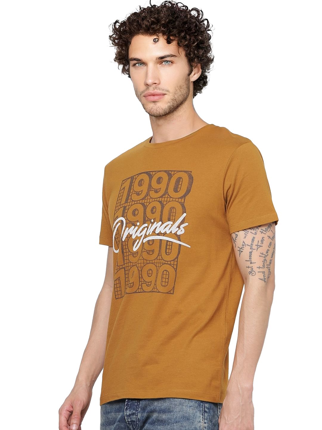 Brown Text Print Crew Neck T-shirt