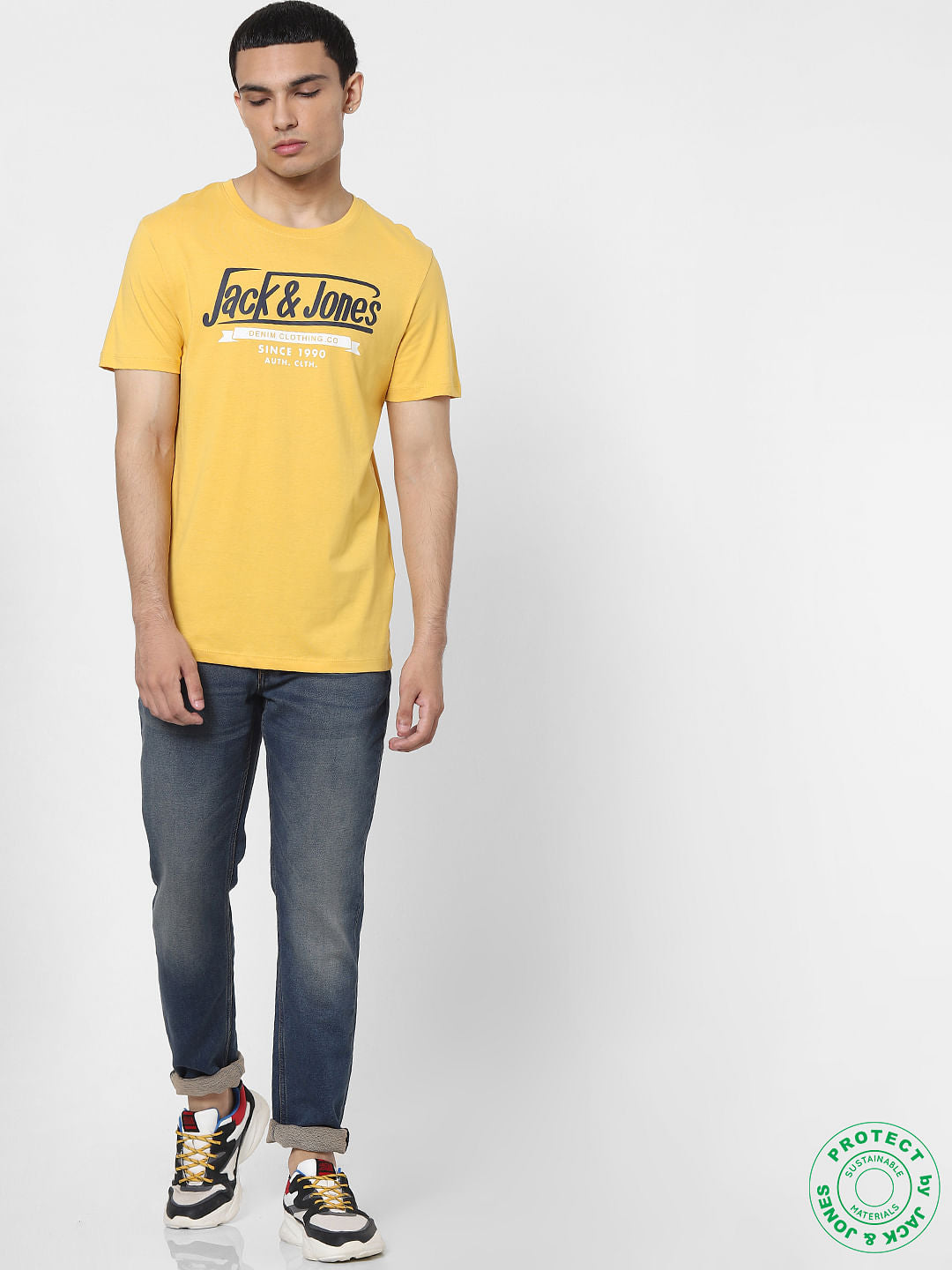 Yellow Logo Print Crew Neck T-shirt