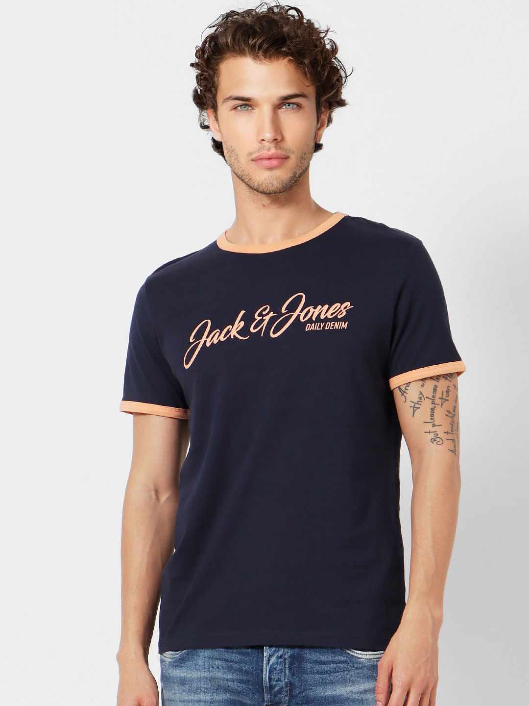 Blue Logo Print Contrast Tipping Crew Neck T-shirt