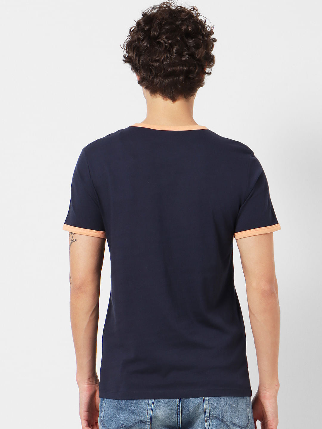 Blue Logo Print Contrast Tipping Crew Neck T-shirt